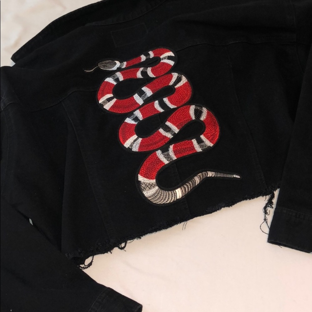 LF Black Jean Jacket with Red & White Snake Embroidery